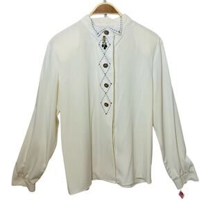 Vintage Cream Lightweight Silk Discreet Button Up Beaded Long Sleeve Blouse Top